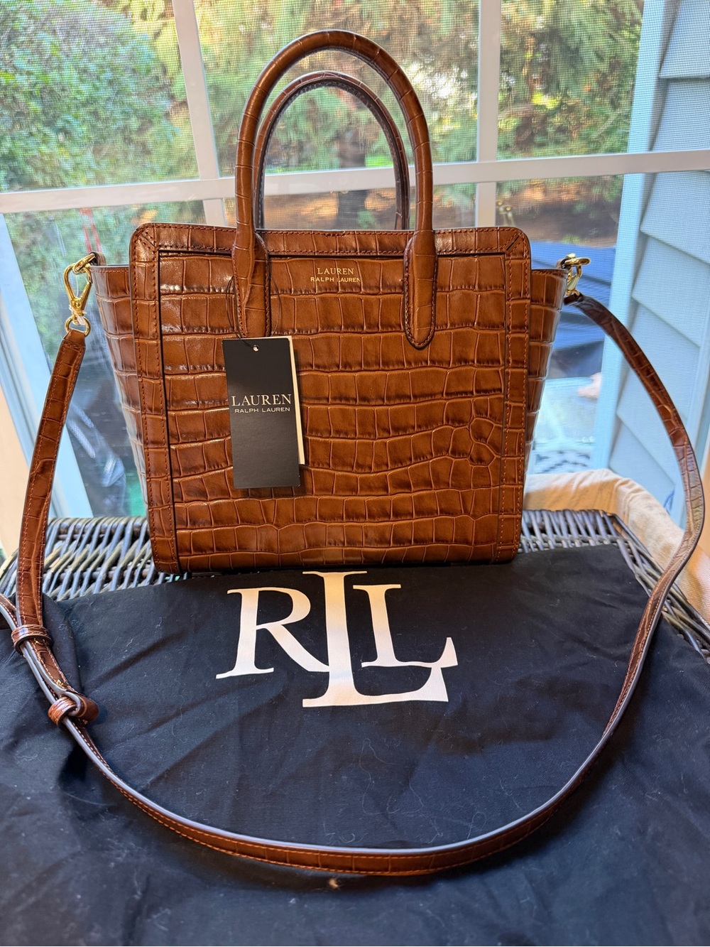 NWT Lauren Ralph Lauren Brown Croc-Embossed Leather Tote small
